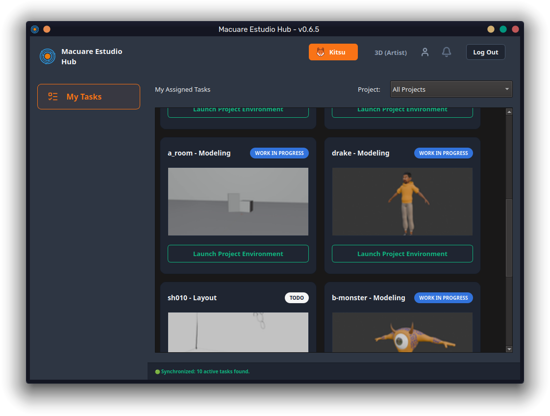 OpenStudioHub Artist Dashboard showing clean task layout and visual thumbnails